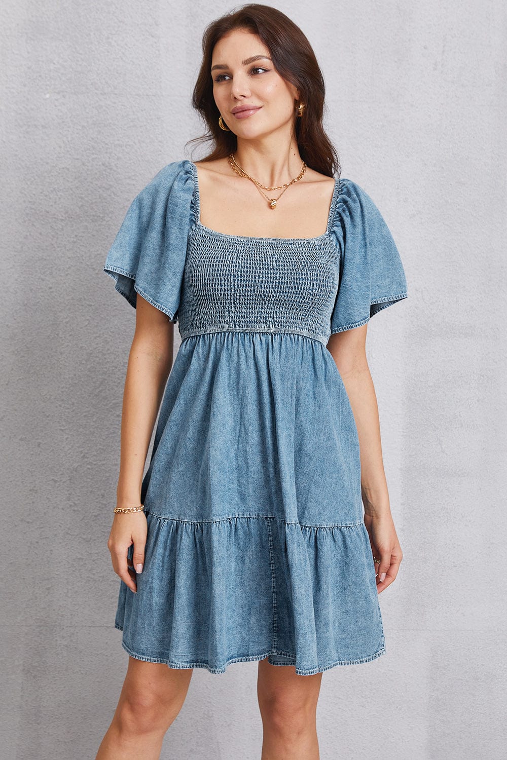 Trendsi Smocked Square Neck Mini Denim Dress Smocked Square Neck Mini Denim Dress