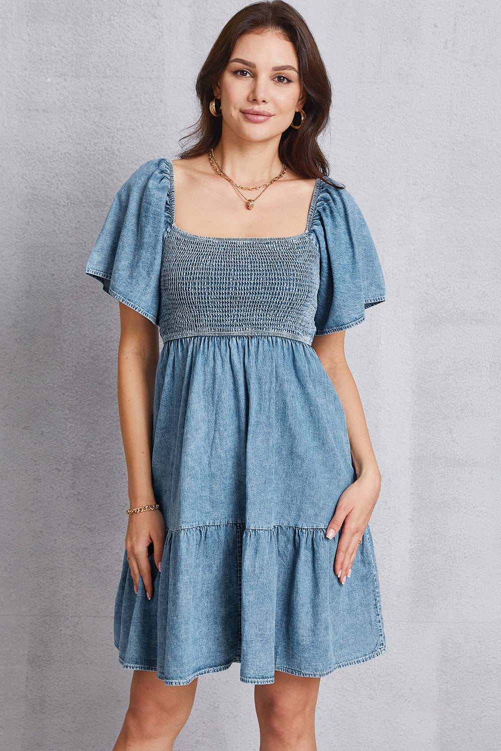 Trendsi Smocked Square Neck Mini Denim Dress Smocked Square Neck Mini Denim Dress