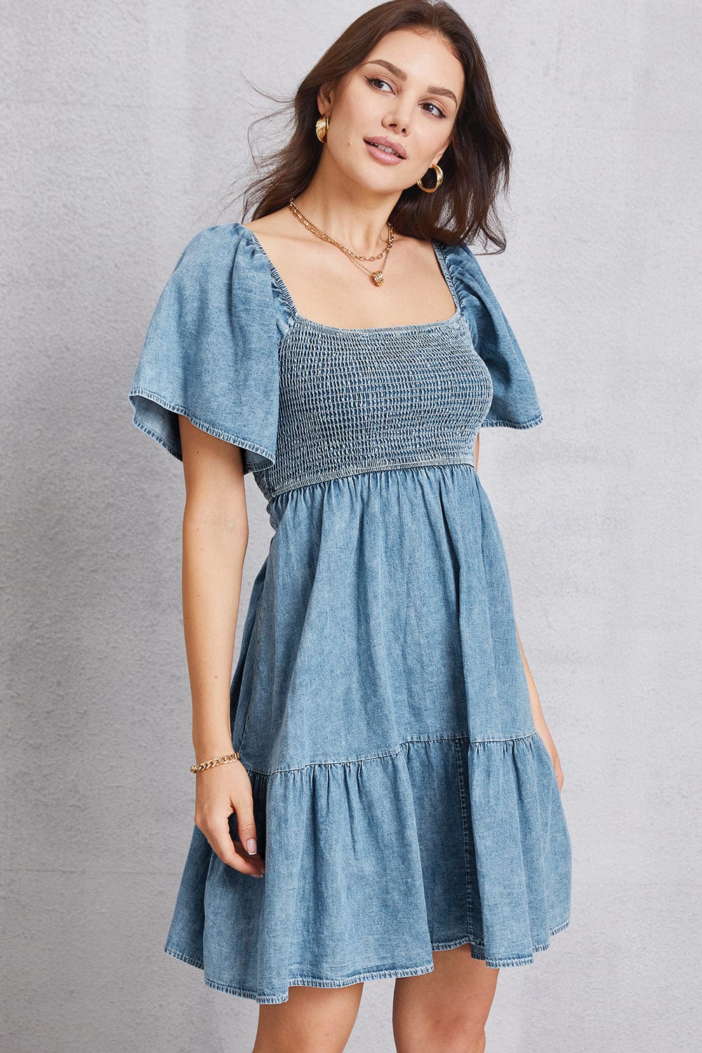Trendsi Smocked Square Neck Mini Denim Dress Smocked Square Neck Mini Denim Dress