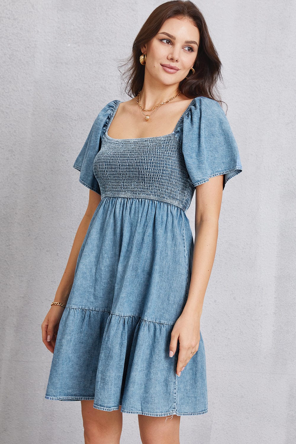 Trendsi Smocked Square Neck Mini Denim Dress Smocked Square Neck Mini Denim Dress