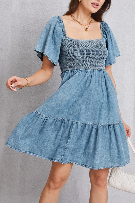 Trendsi Smocked Square Neck Mini Denim Dress Smocked Square Neck Mini Denim Dress