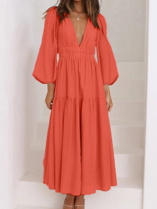 Trendsi Strawberry / S Deep V-Neck Balloon Sleeve Plain Maxi Dress Deep V-Neck Balloon Sleeve Plain Maxi Dress