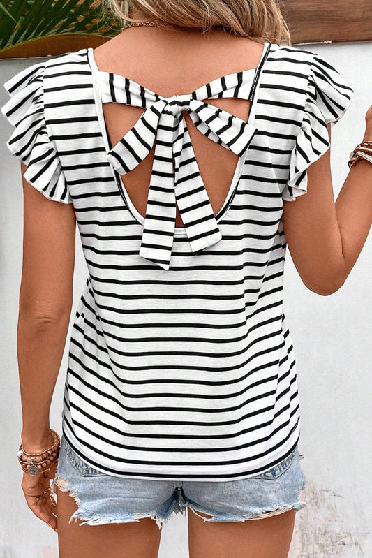 Trendsi Stripe / S Tied Striped V-Neck Cap Sleeve T-Shirt Tied Striped V-Neck Cap Sleeve T-Shirt