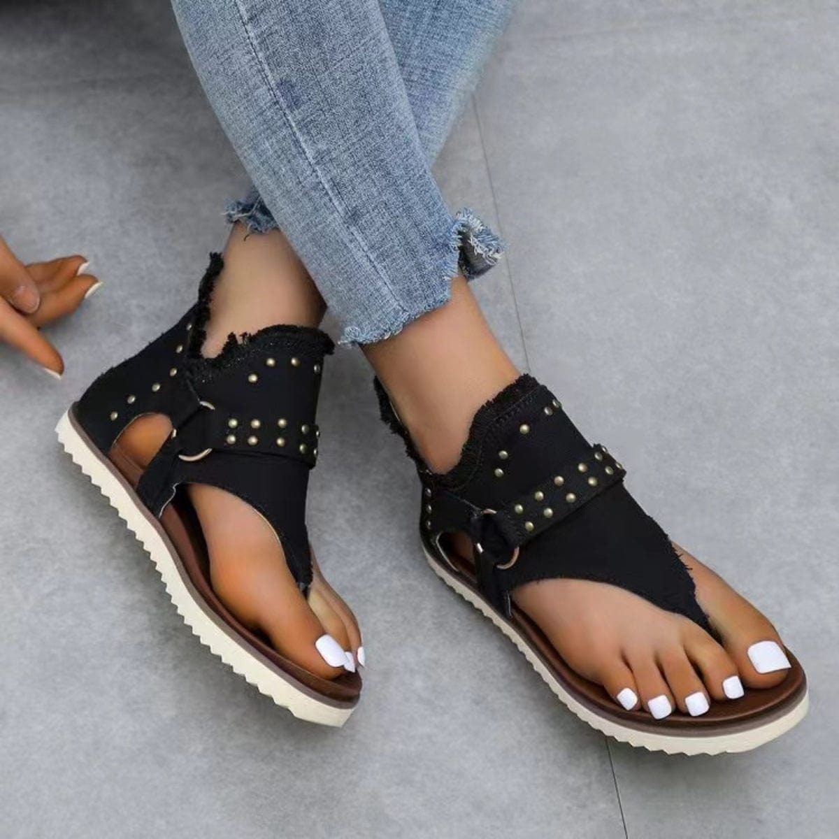 Trendsi Studded Raw Hem Flat Sandals Studded Raw Hem Flat Sandals