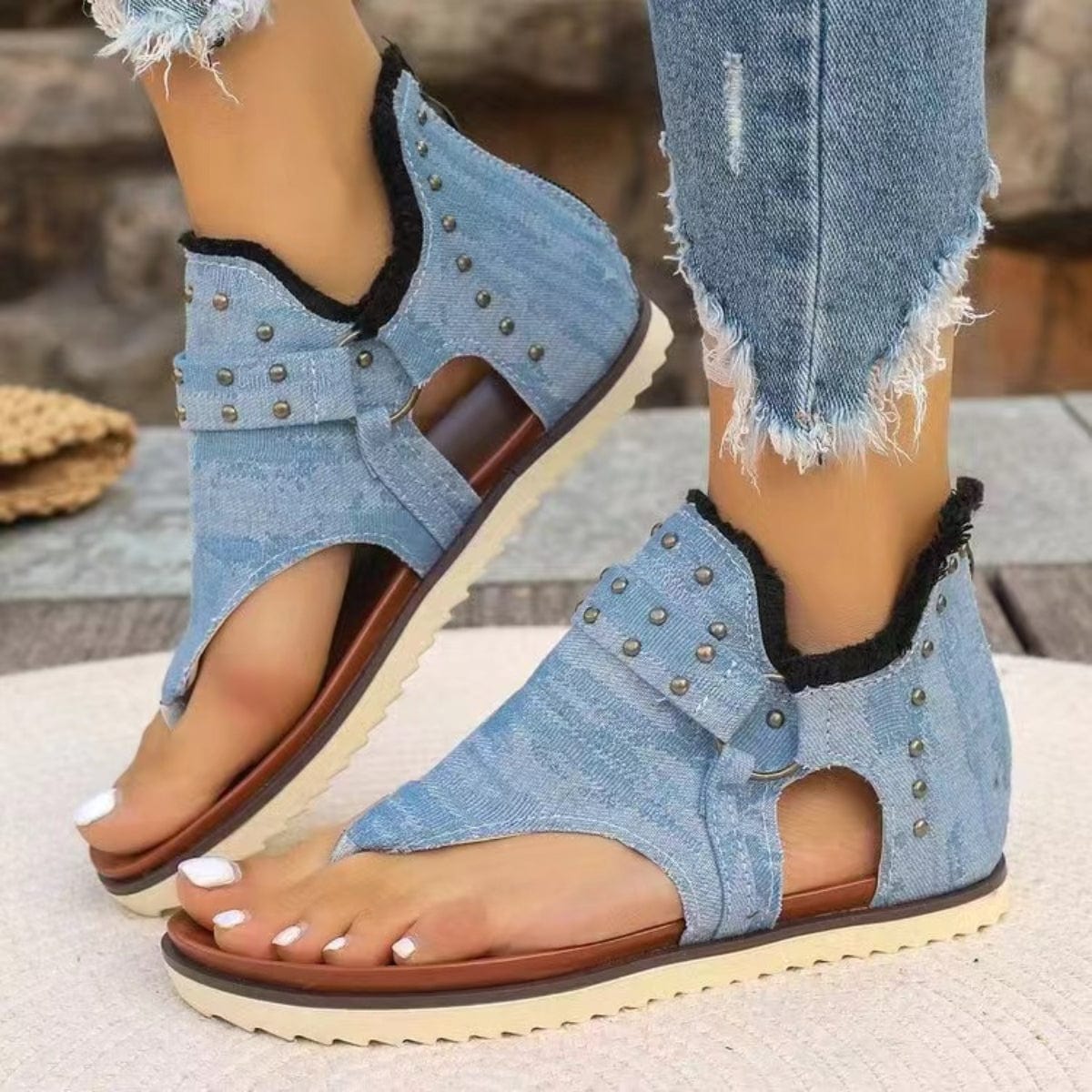 Trendsi Studded Raw Hem Flat Sandals Studded Raw Hem Flat Sandals