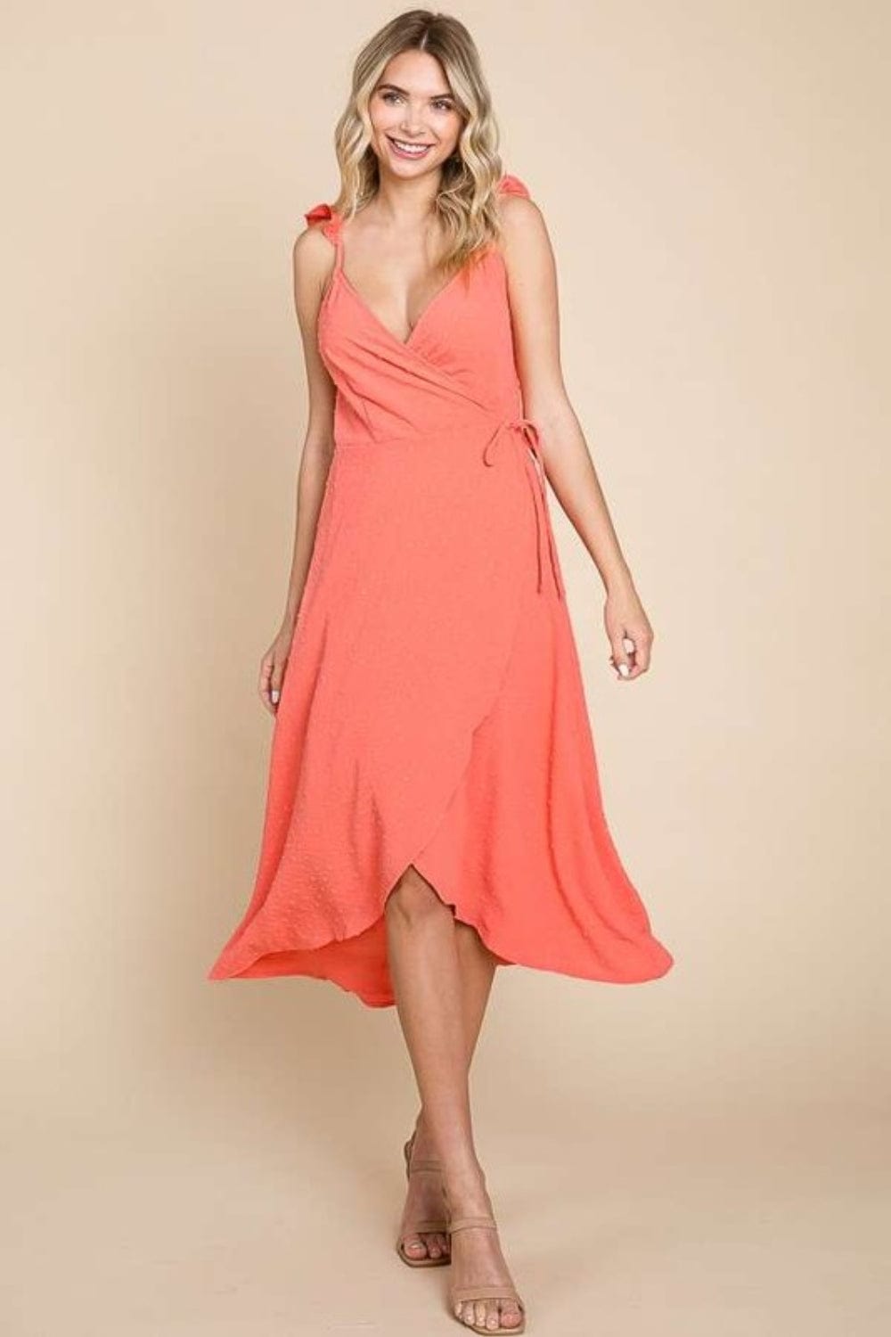 Trendsi Sugar Coral / S Culture Code Ruffle Detail Surplice Wrap Slip Dress Culture Code Ruffle Detail Surplice Wrap Slip Dress