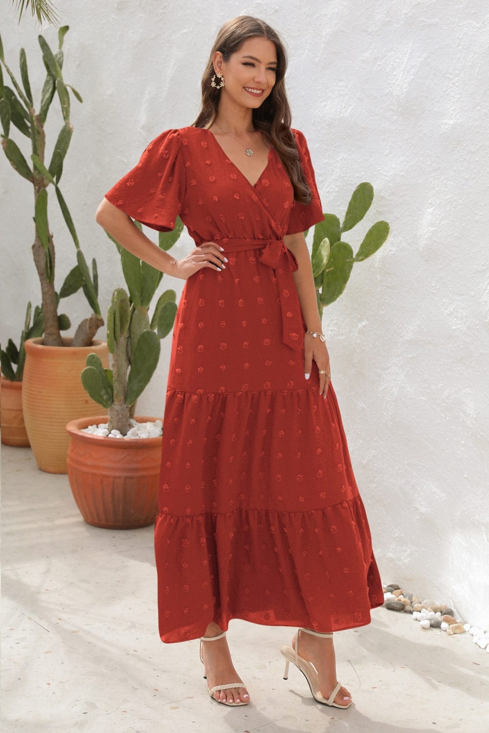 Trendsi Swiss Dot Tied Surplice Short Sleeve Dress Swiss Dot Tied Surplice Short Sleeve Dress