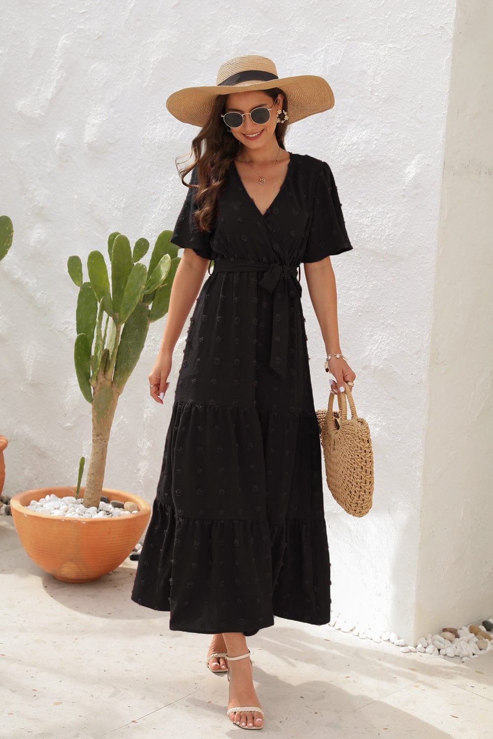 Trendsi Swiss Dot Tied Surplice Short Sleeve Dress Swiss Dot Tied Surplice Short Sleeve Dress