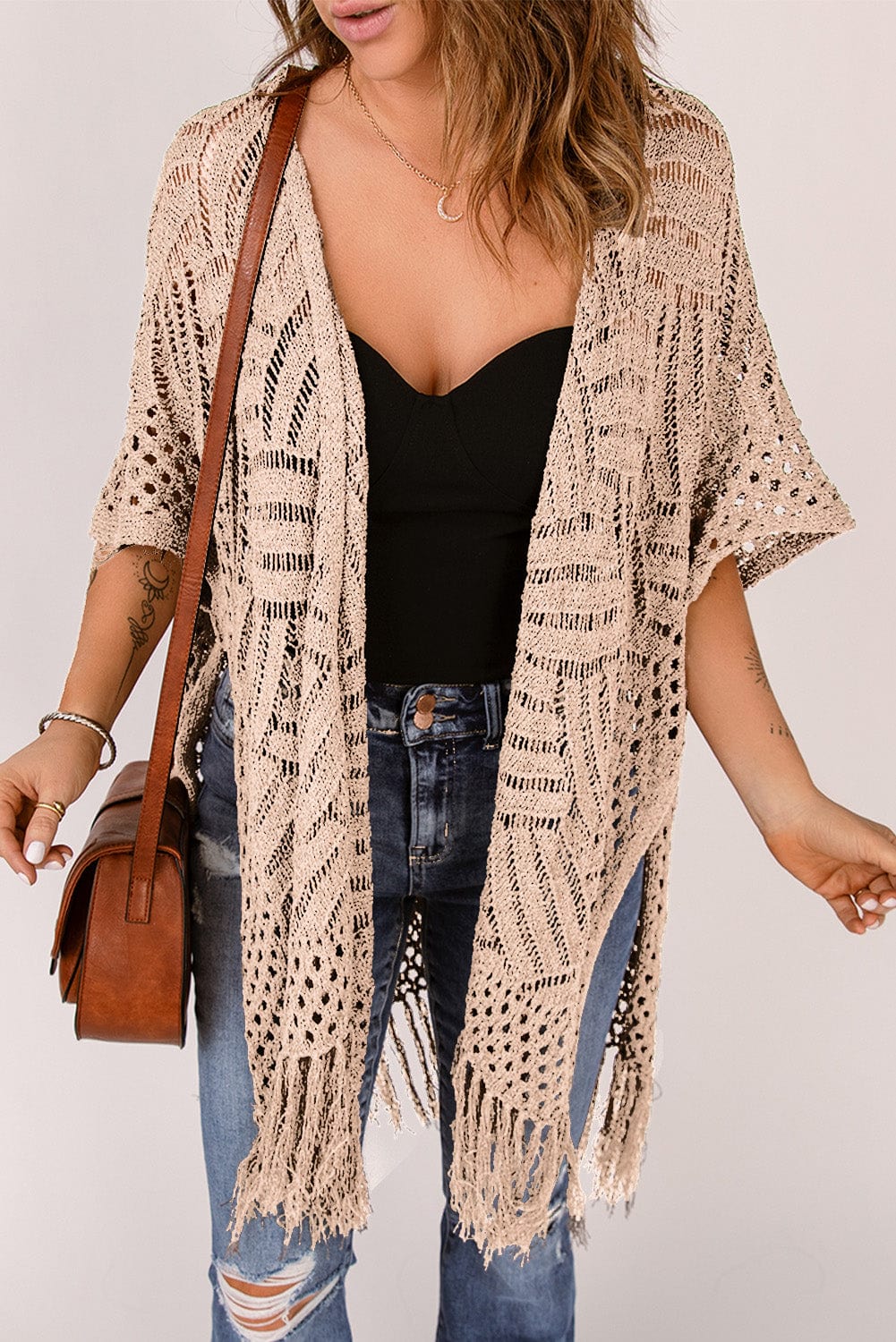 Trendsi Tan / One Size Openwork Open Front Cardigan with Fringes Openwork Open Front Cardigan with Fringes