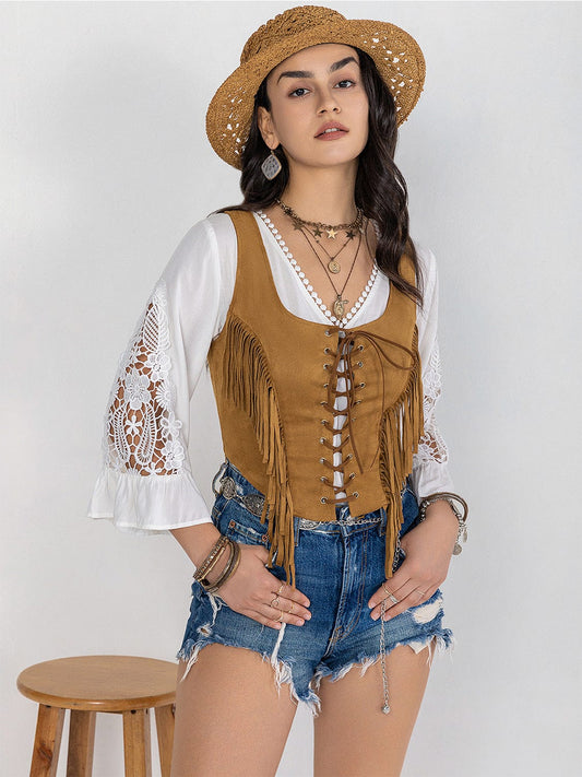 Trendsi Tan / S Fringe Lace-Up Vest Fringe Lace-Up Vest