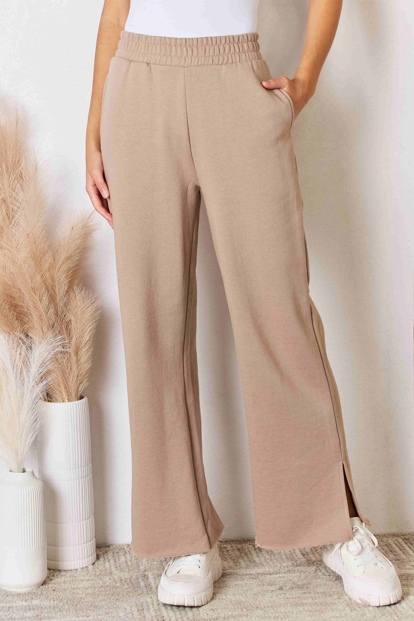 Trendsi Tan / S RISEN Wide Waistband Slit Wide Leg Pants RISEN Wide Waistband Slit Wide Leg Pants