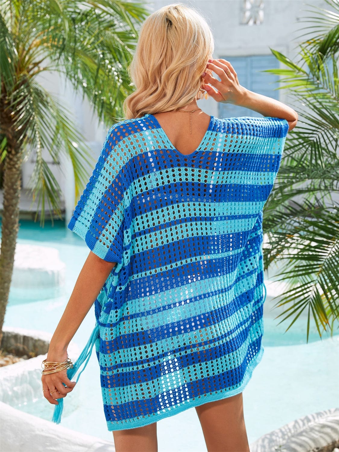 Trendsi Tassel Openwork Striped V-Neck Cover Up Tassel Openwork Striped V-Neck Cover Up