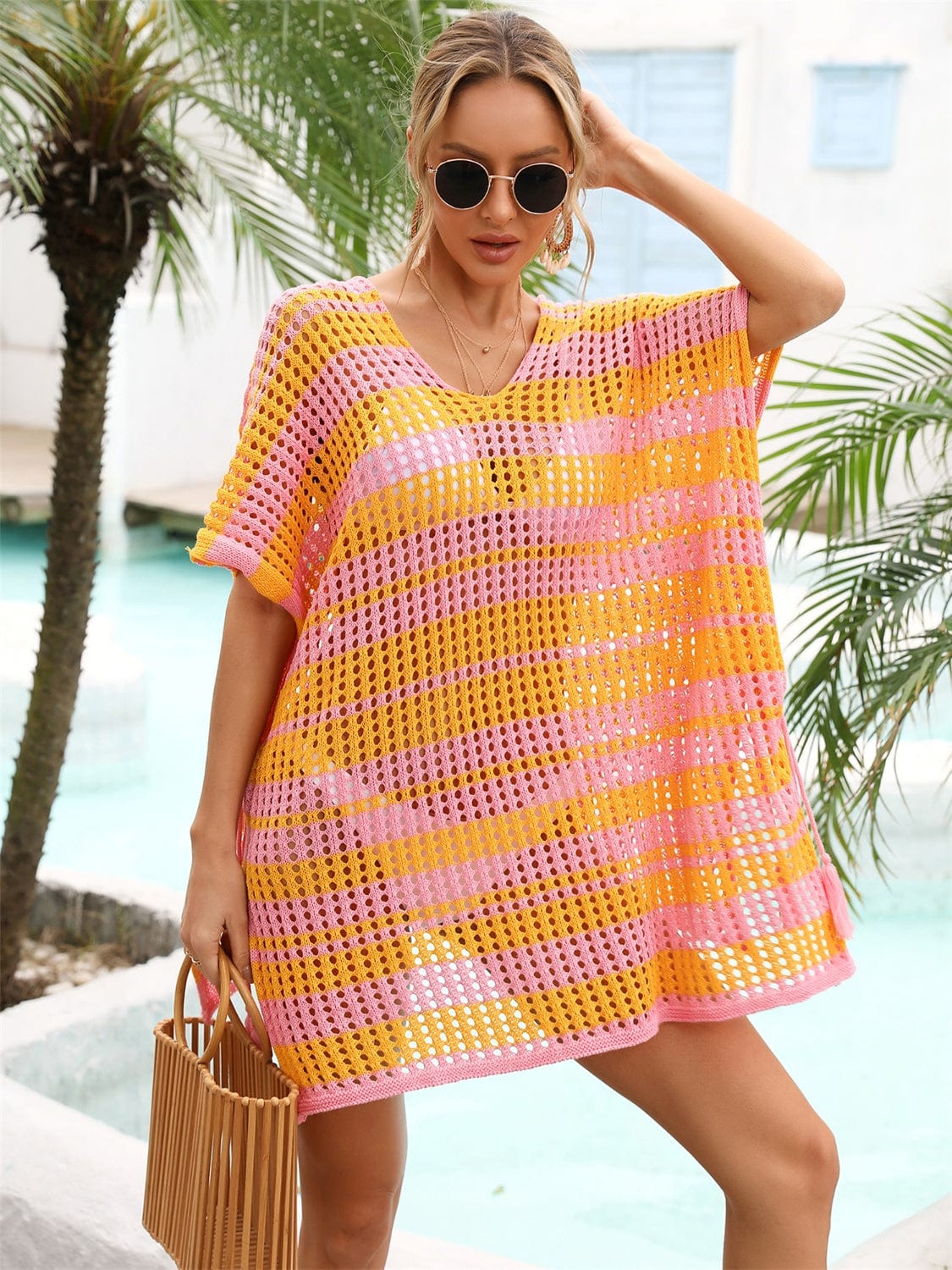 Trendsi Tassel Openwork Striped V-Neck Cover Up Tassel Openwork Striped V-Neck Cover Up