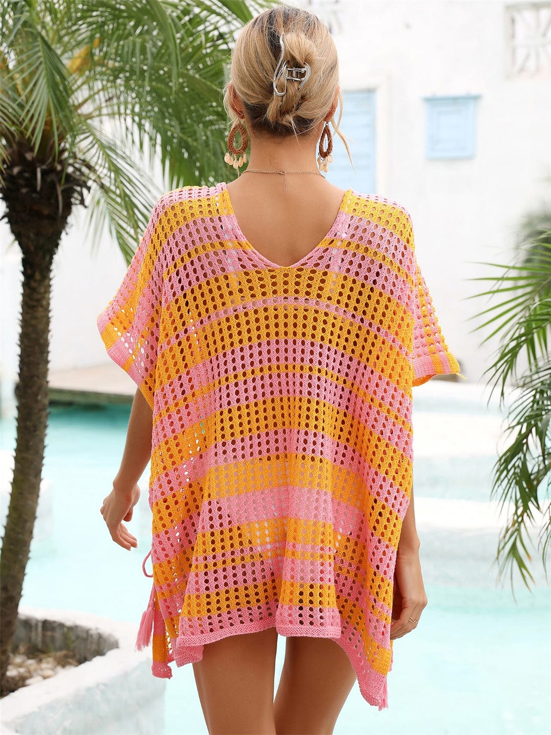 Trendsi Tassel Openwork Striped V-Neck Cover Up Tassel Openwork Striped V-Neck Cover Up
