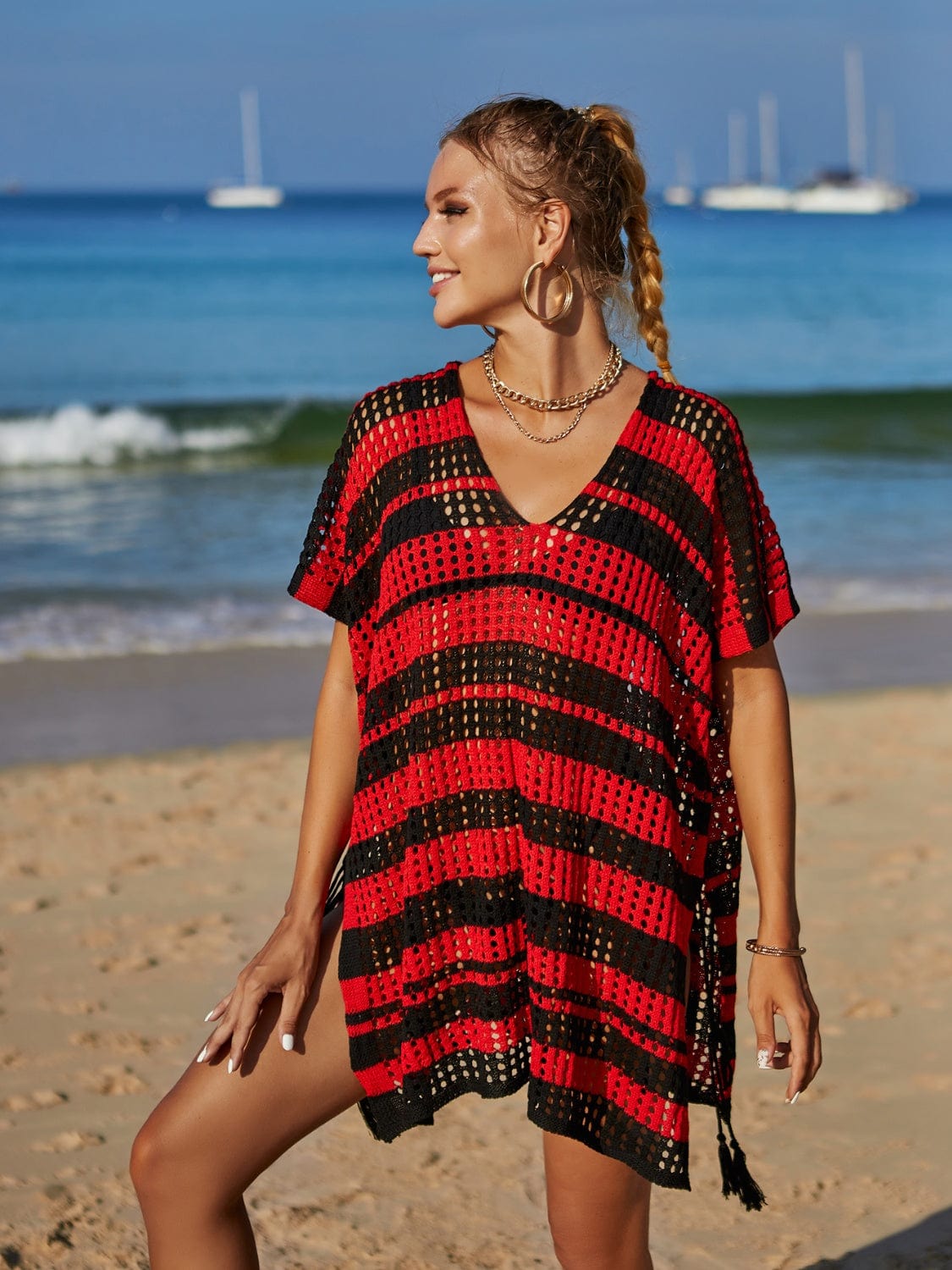 Trendsi Tassel Openwork Striped V-Neck Cover Up Tassel Openwork Striped V-Neck Cover Up