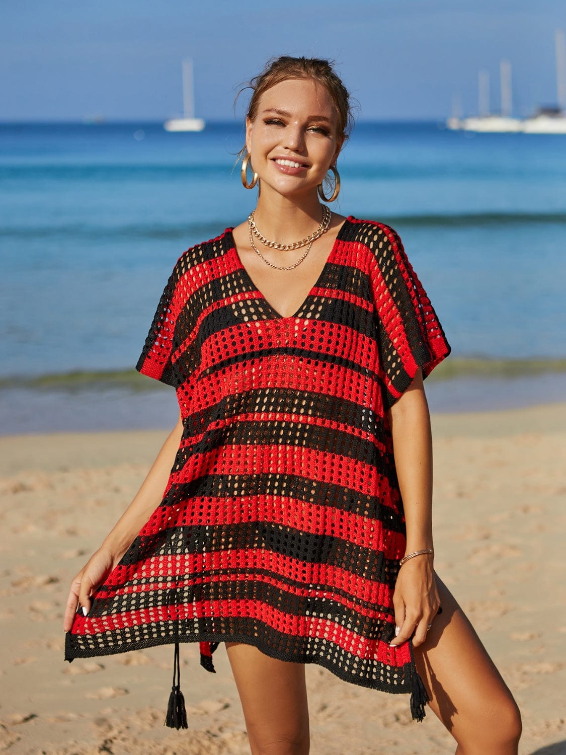 Trendsi Tassel Openwork Striped V-Neck Cover Up Tassel Openwork Striped V-Neck Cover Up