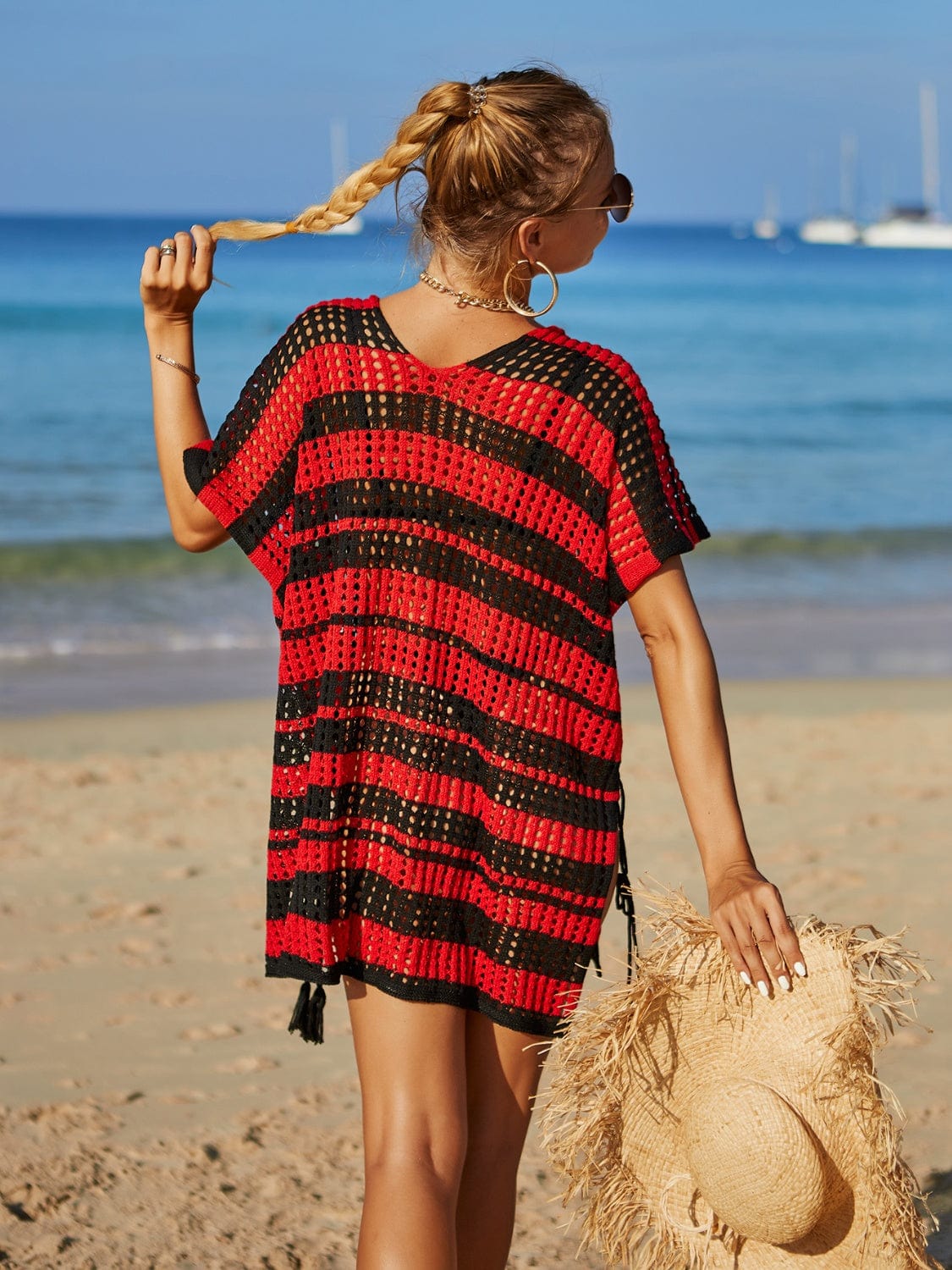 Trendsi Tassel Openwork Striped V-Neck Cover Up Tassel Openwork Striped V-Neck Cover Up