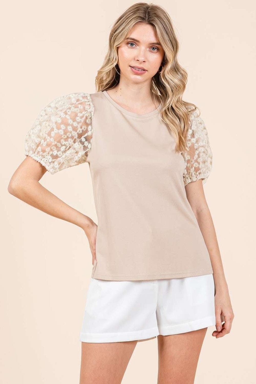 Trendsi Taupe / S Mittoshop Round Neck Puff Short Sleeve Top Mittoshop Round Neck Puff Short Sleeve Top