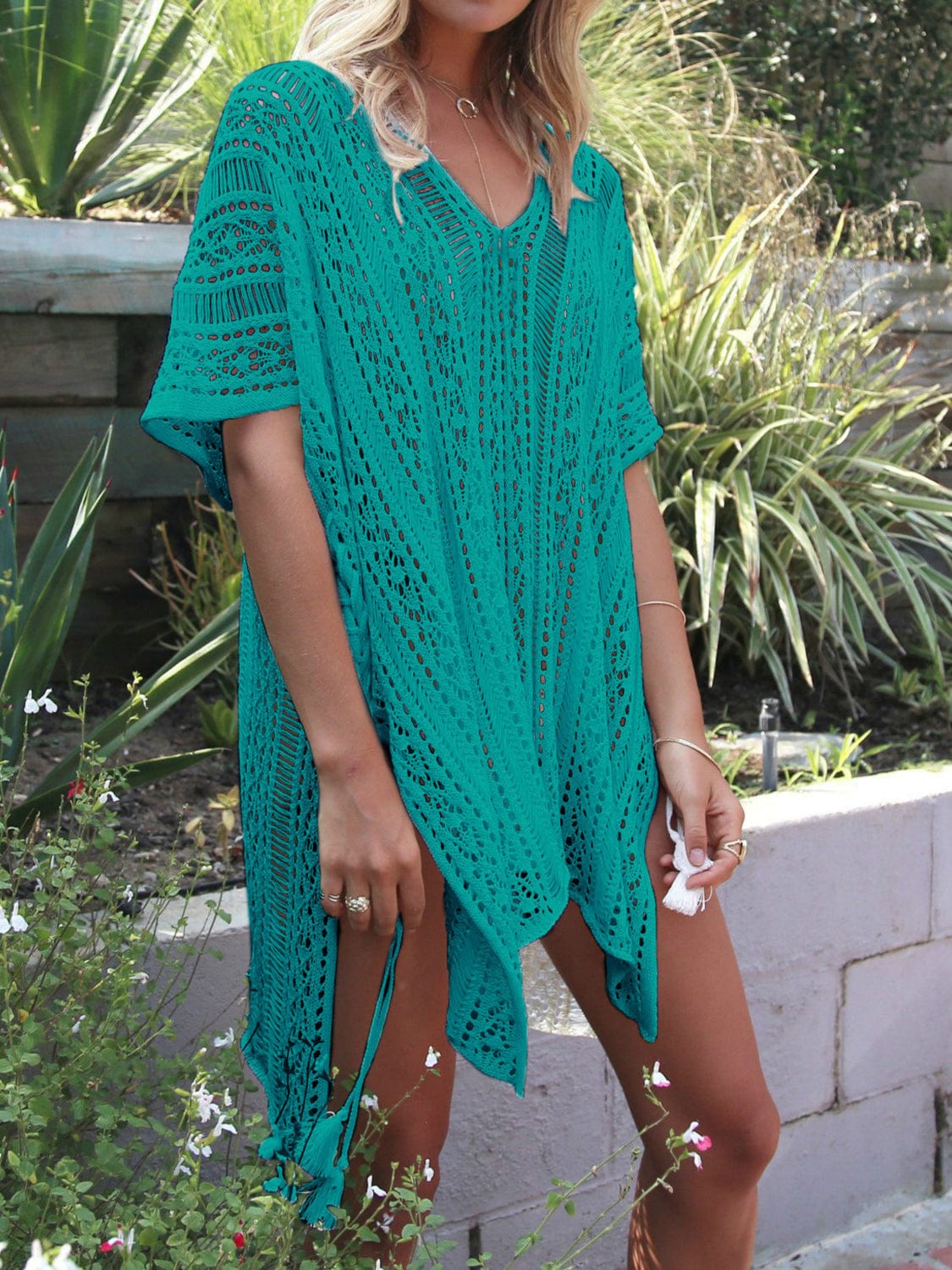 Trendsi Teal / One Size Cutout V-Neck Cover-Up with Tassel Cutout V-Neck Cover-Up with Tassel
