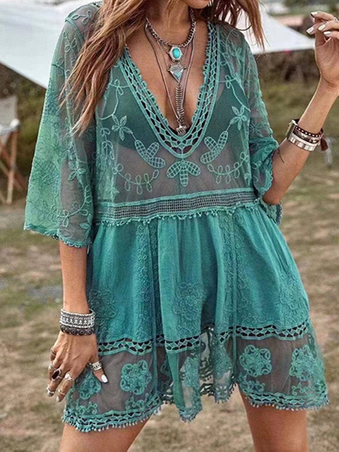 Trendsi Teal / One Size Lace Detail Plunge Cover-Up Dress Lace Detail Plunge Cover-Up Dress
