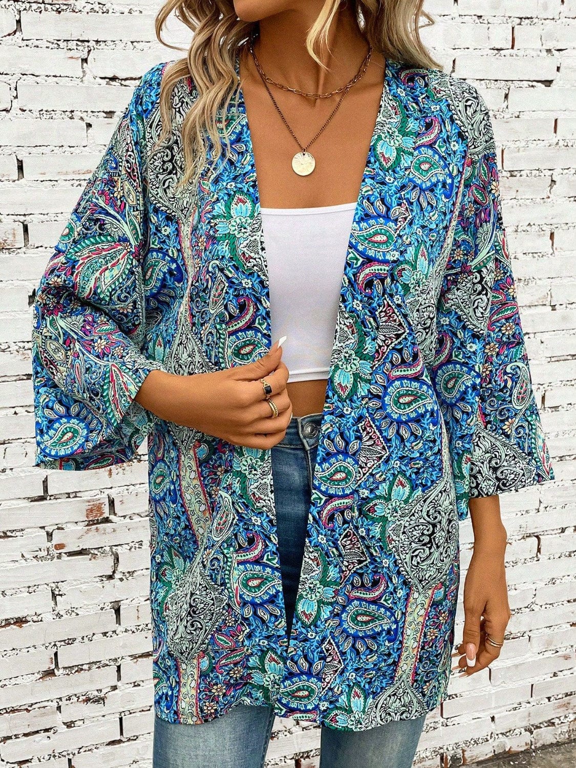 Trendsi Teal / One Size Printed Open Front Three-Quarter Sleeve Cover Up Printed Open Front Three-Quarter Sleeve Cover Up