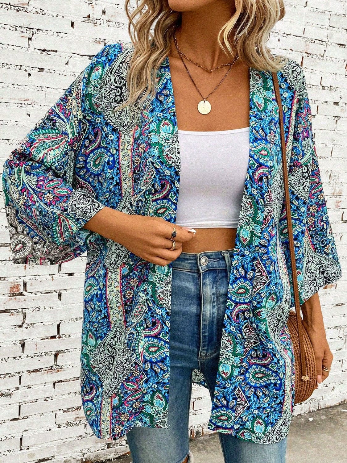 Trendsi Teal / One Size Printed Open Front Three-Quarter Sleeve Cover Up Printed Open Front Three-Quarter Sleeve Cover Up