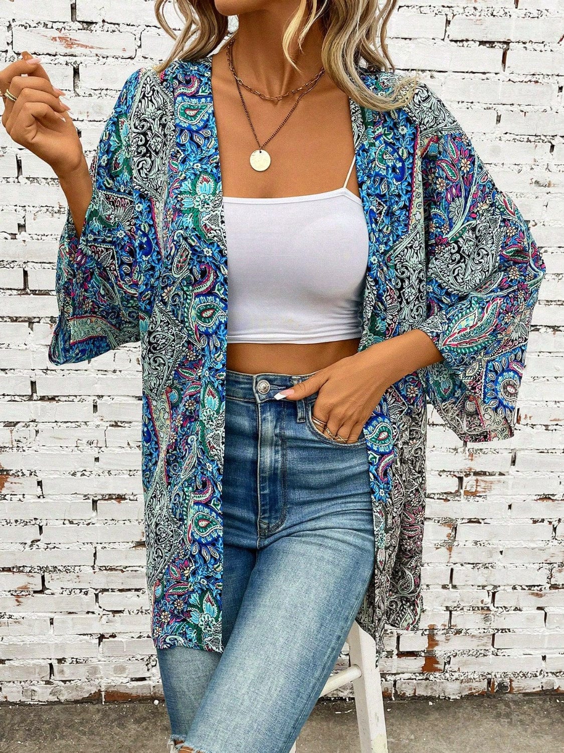 Trendsi Teal / One Size Printed Open Front Three-Quarter Sleeve Cover Up Printed Open Front Three-Quarter Sleeve Cover Up