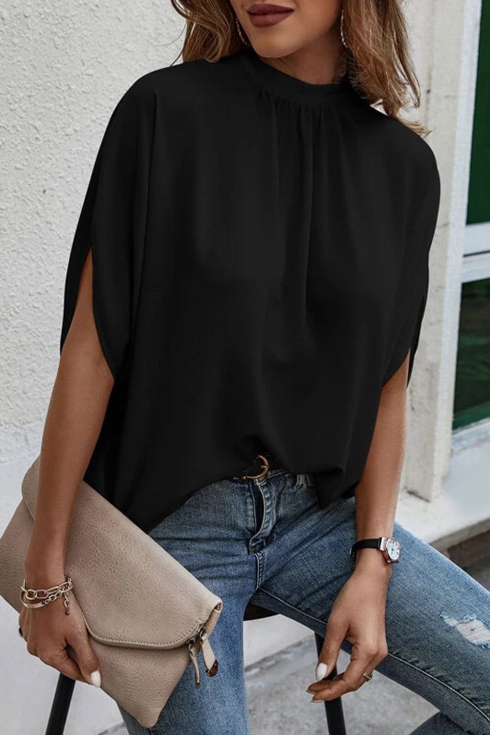 Trendsi Tie Back Slit Half Sleeve Blouse Tie Back Slit Half Sleeve Blouse