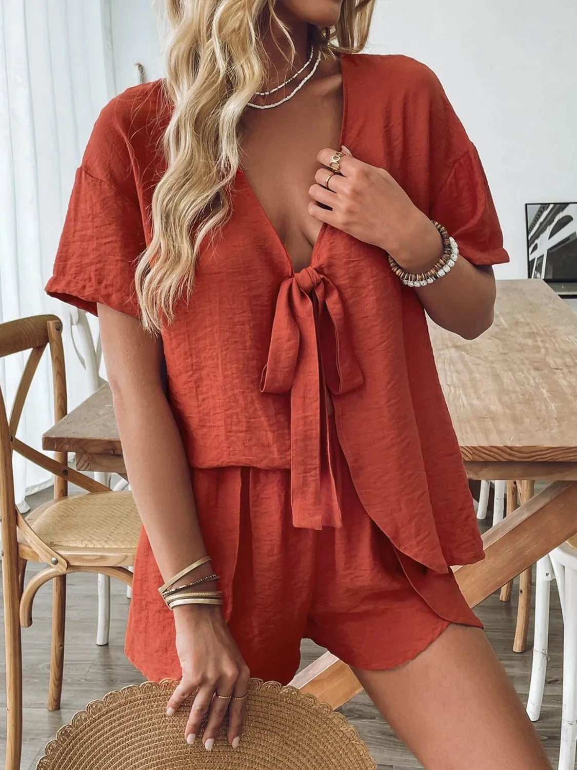 Trendsi Tie Front Short Sleeve Top and Shorts Set Tie Front Short Sleeve Top and Shorts Set