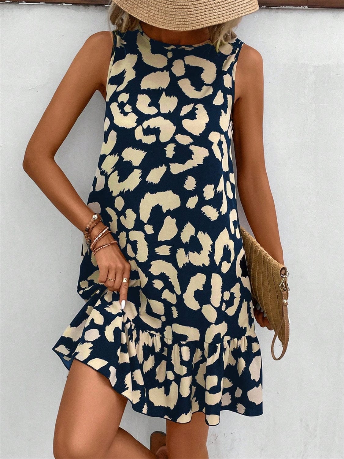 Trendsi Tied Leopard Round Neck Tank Dress Tied Leopard Round Neck Tank Dress