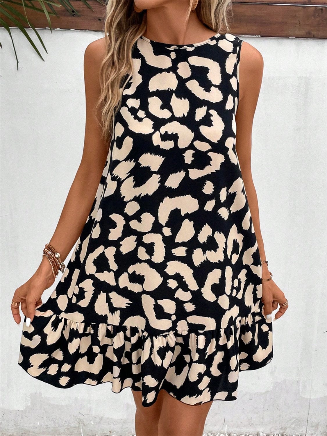 Trendsi Tied Leopard Round Neck Tank Dress Tied Leopard Round Neck Tank Dress
