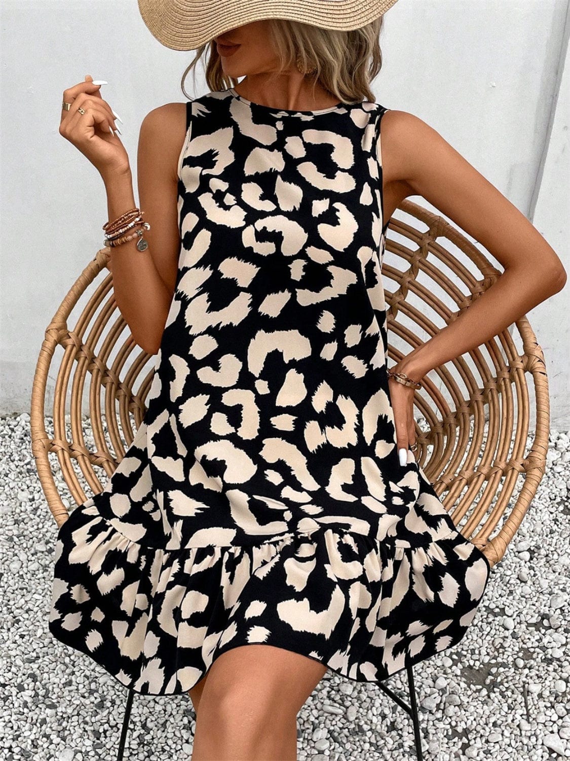 Trendsi Tied Leopard Round Neck Tank Dress Tied Leopard Round Neck Tank Dress