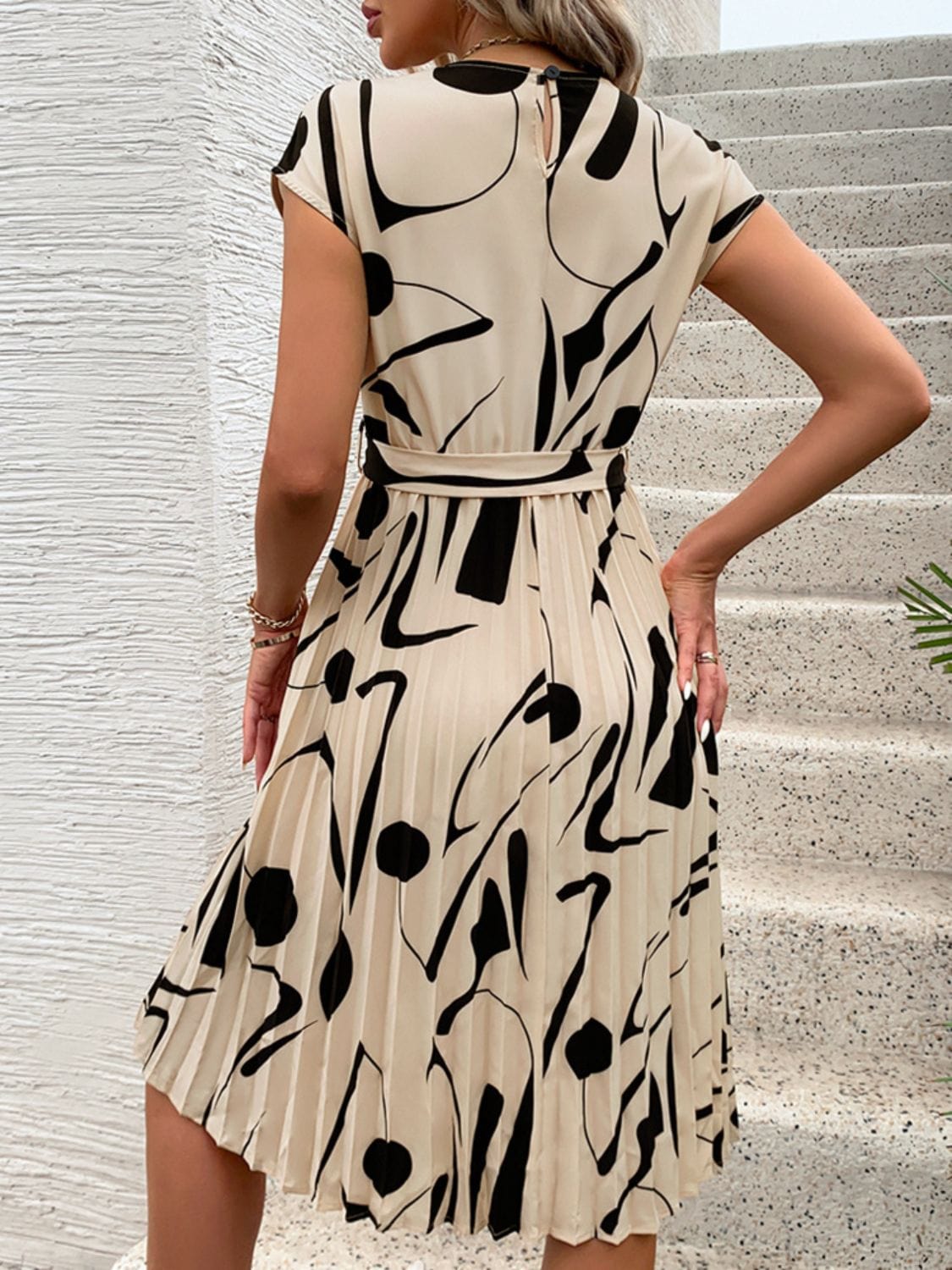 Trendsi Tied Pleated Printed Cap Sleeve Dress Tied Pleated Printed Cap Sleeve Dress