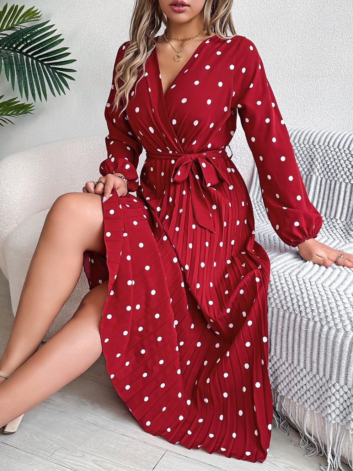Trendsi Tied Polka Dot Long Sleeve Midi Dress Tied Polka Dot Long Sleeve Midi Dress