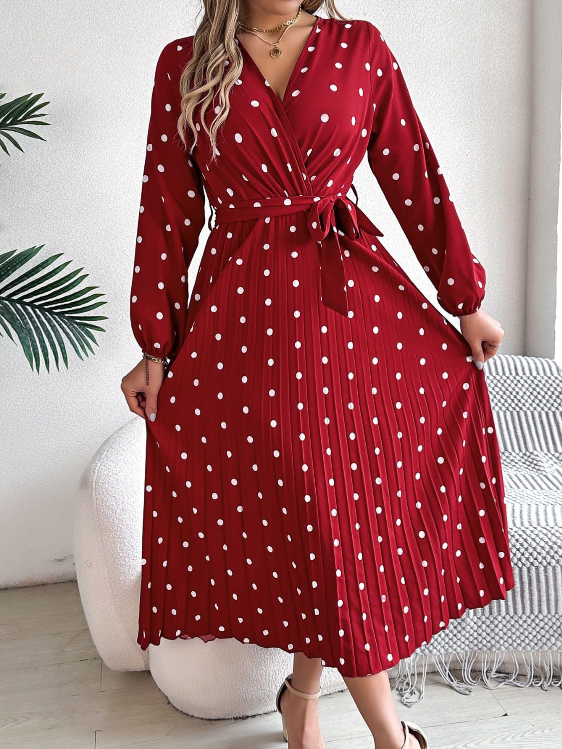 Trendsi Tied Polka Dot Long Sleeve Midi Dress Tied Polka Dot Long Sleeve Midi Dress