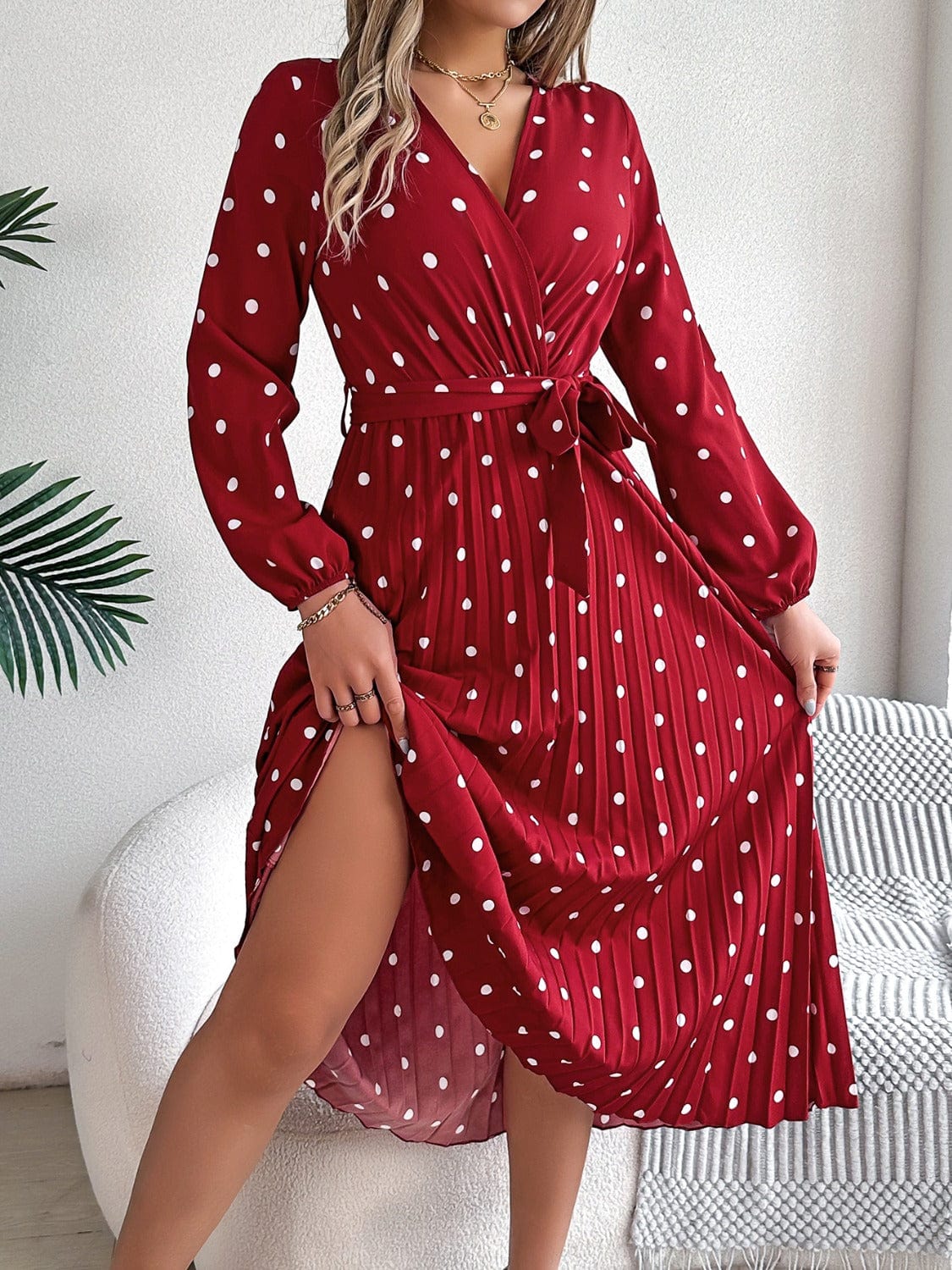 Trendsi Tied Polka Dot Long Sleeve Midi Dress Tied Polka Dot Long Sleeve Midi Dress