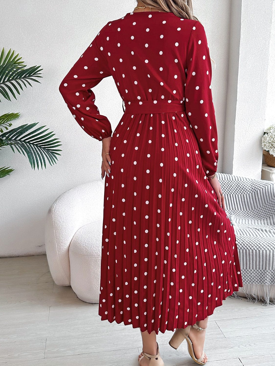 Trendsi Tied Polka Dot Long Sleeve Midi Dress Tied Polka Dot Long Sleeve Midi Dress