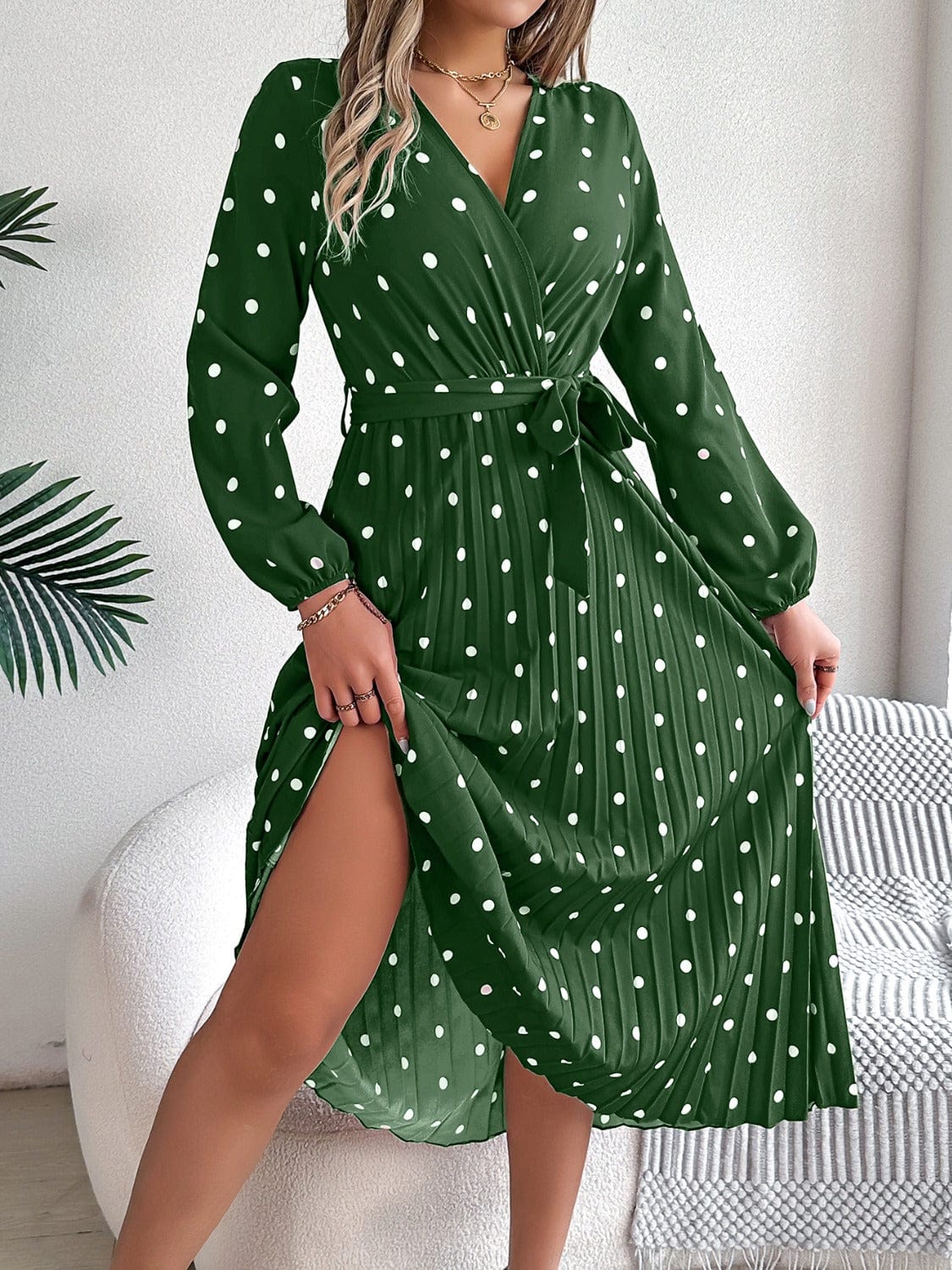 Trendsi Tied Polka Dot Long Sleeve Midi Dress Tied Polka Dot Long Sleeve Midi Dress
