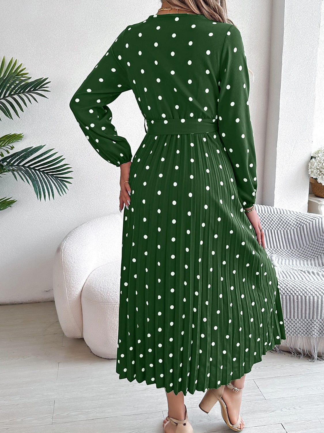 Trendsi Tied Polka Dot Long Sleeve Midi Dress Tied Polka Dot Long Sleeve Midi Dress