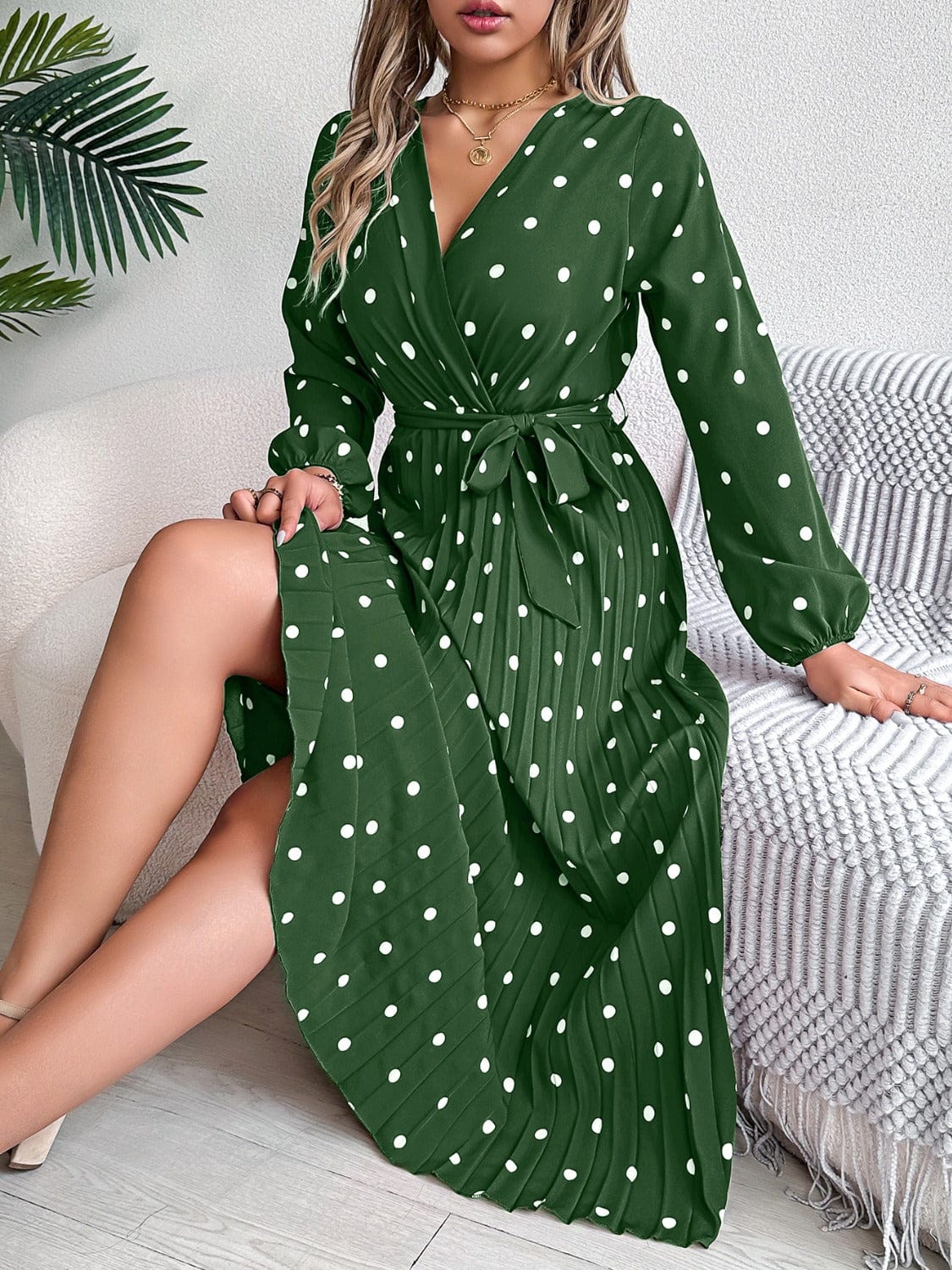 Trendsi Tied Polka Dot Long Sleeve Midi Dress Tied Polka Dot Long Sleeve Midi Dress
