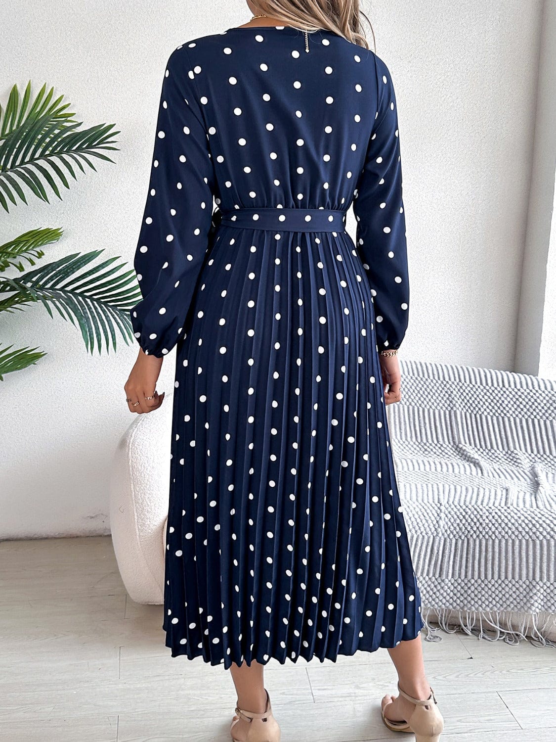Trendsi Tied Polka Dot Long Sleeve Midi Dress Tied Polka Dot Long Sleeve Midi Dress