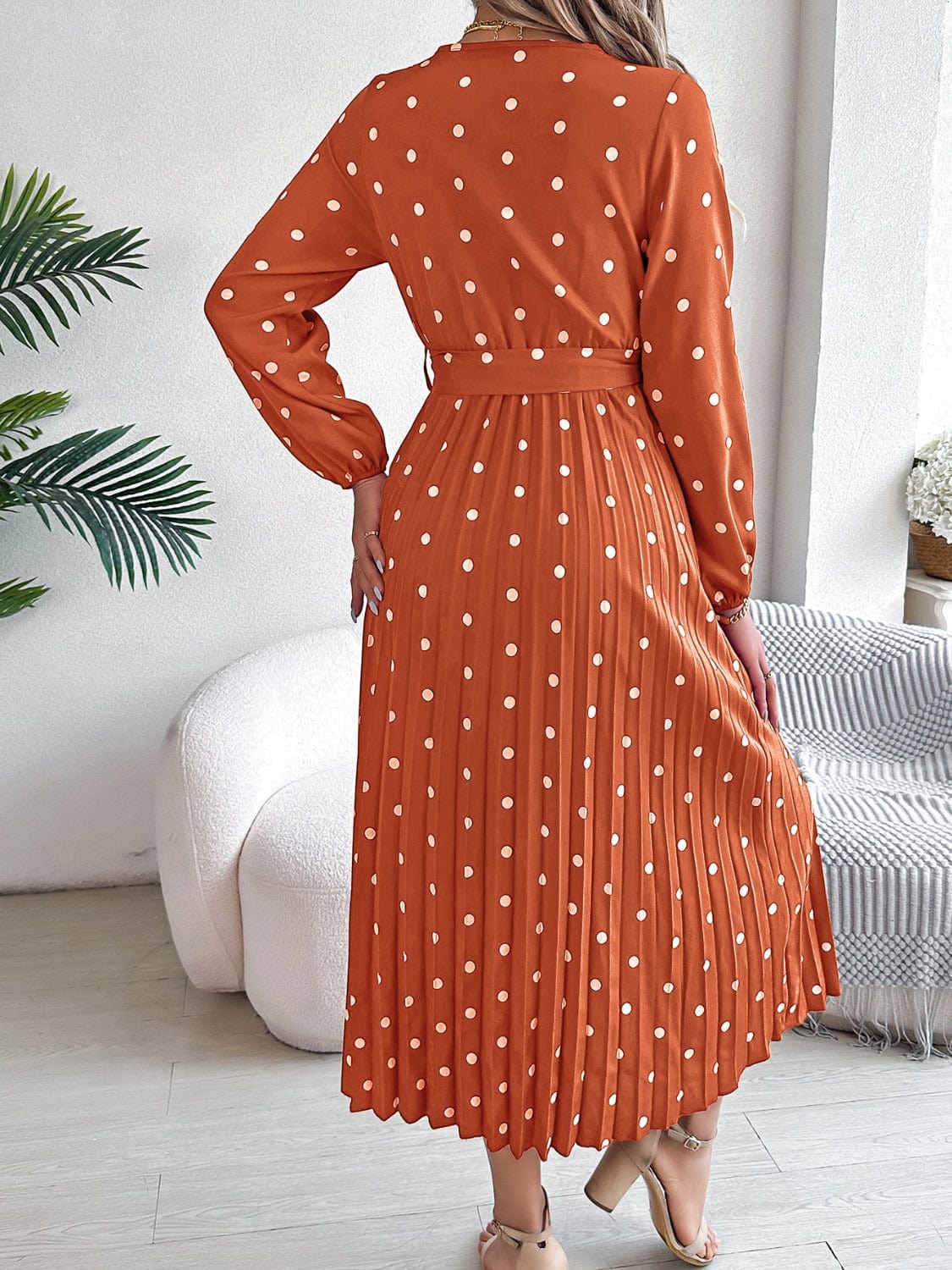 Trendsi Tied Polka Dot Long Sleeve Midi Dress Tied Polka Dot Long Sleeve Midi Dress