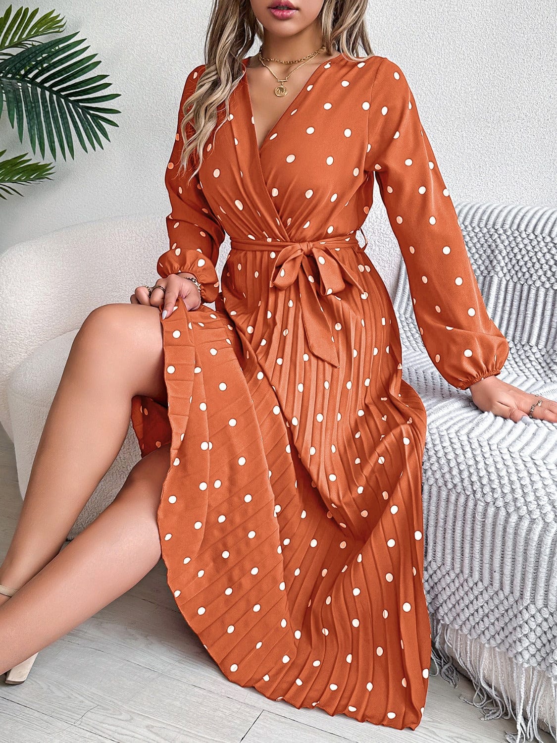 Trendsi Tied Polka Dot Long Sleeve Midi Dress Tied Polka Dot Long Sleeve Midi Dress