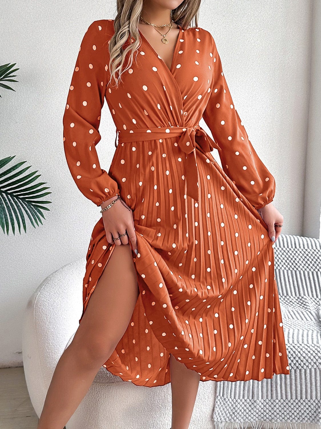 Trendsi Tied Polka Dot Long Sleeve Midi Dress Tied Polka Dot Long Sleeve Midi Dress