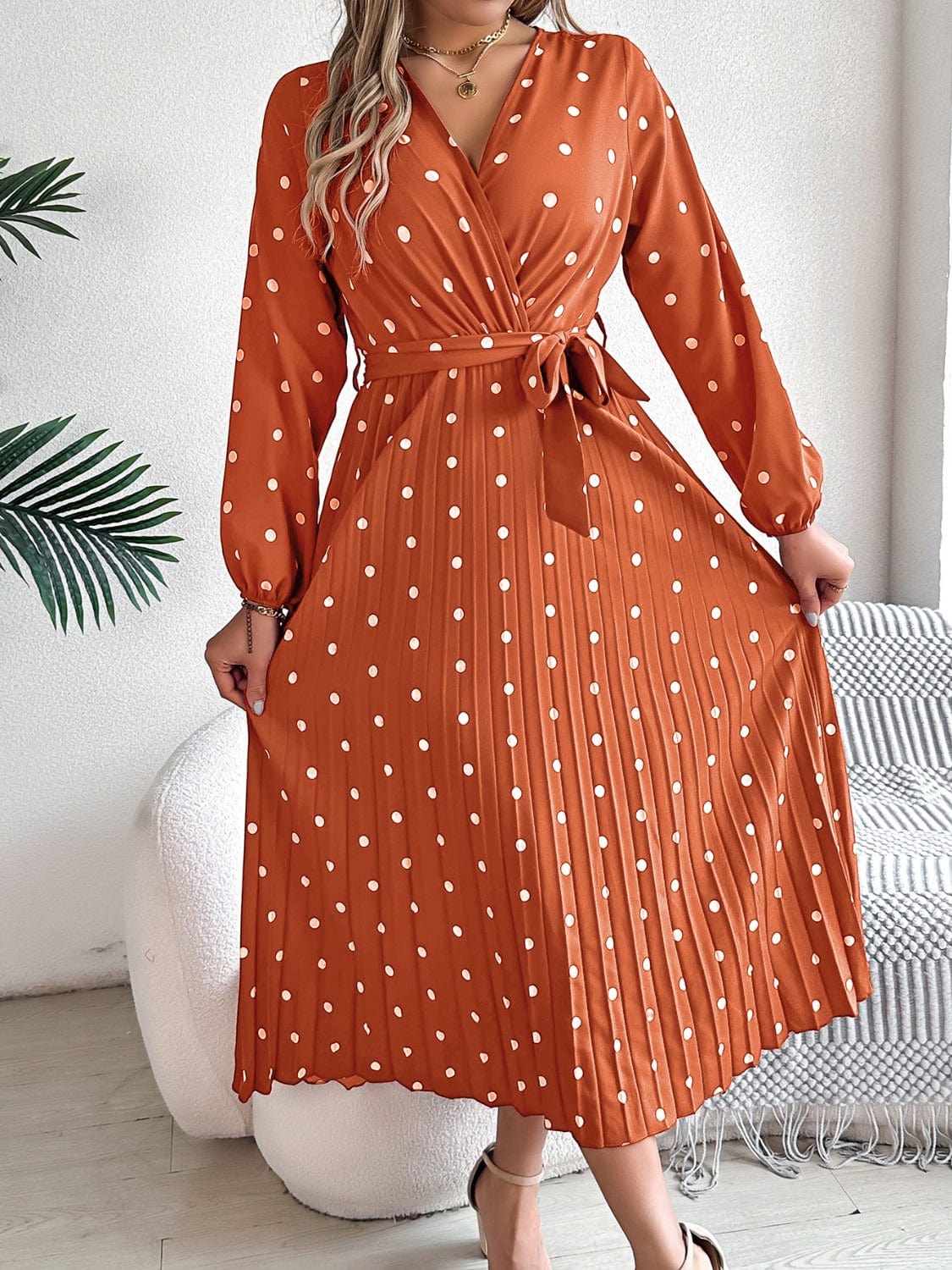 Trendsi Tied Polka Dot Long Sleeve Midi Dress Tied Polka Dot Long Sleeve Midi Dress