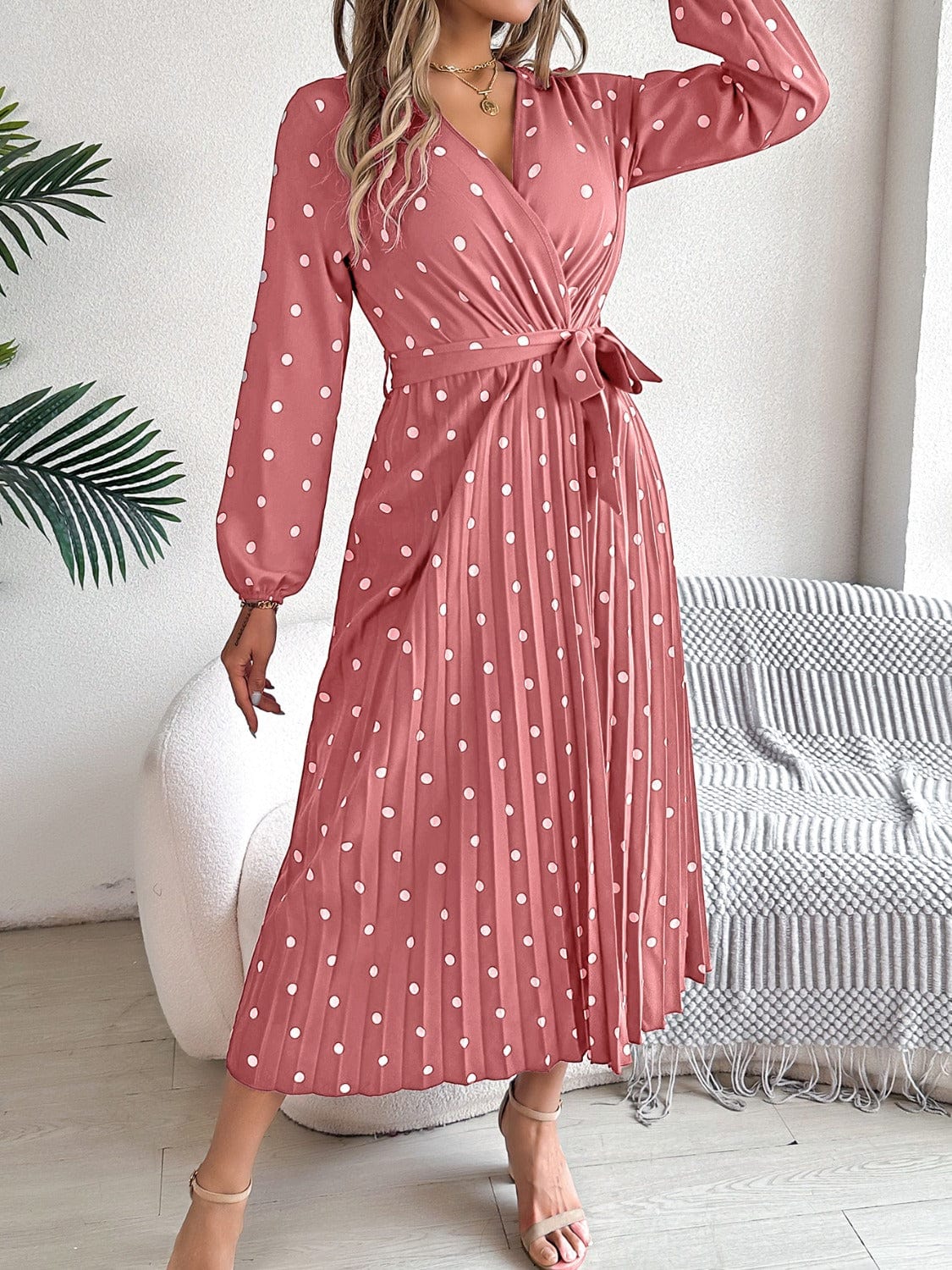 Trendsi Tied Polka Dot Long Sleeve Midi Dress Tied Polka Dot Long Sleeve Midi Dress