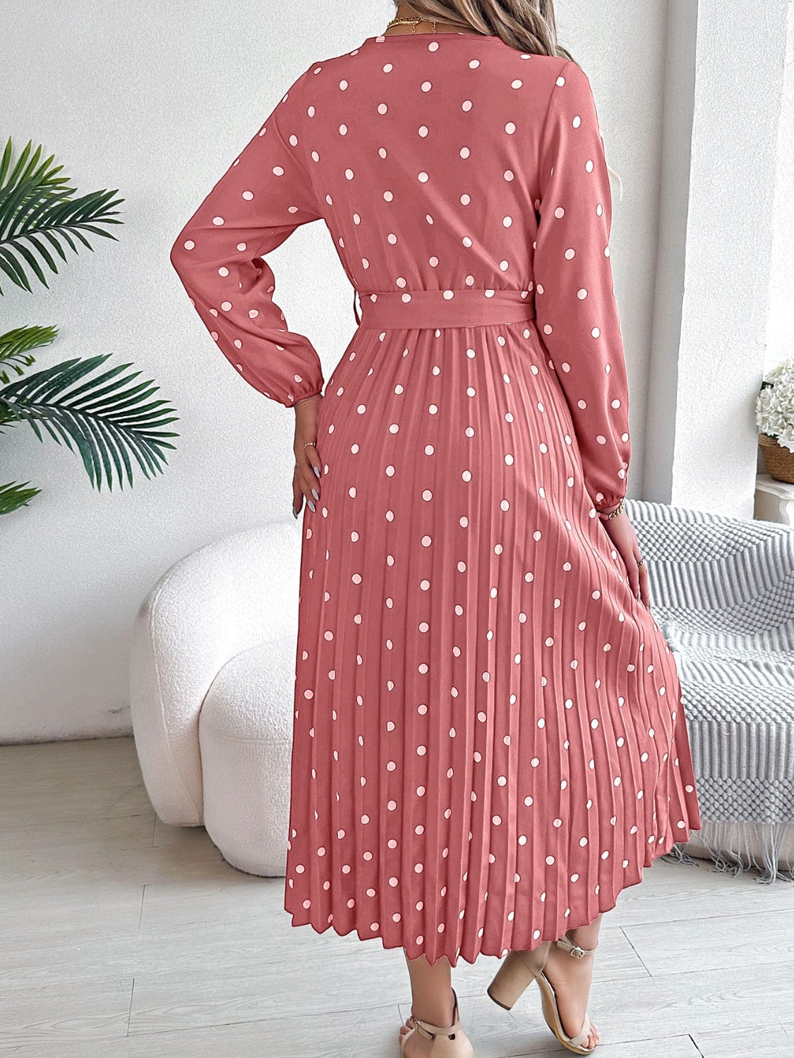 Trendsi Tied Polka Dot Long Sleeve Midi Dress Tied Polka Dot Long Sleeve Midi Dress