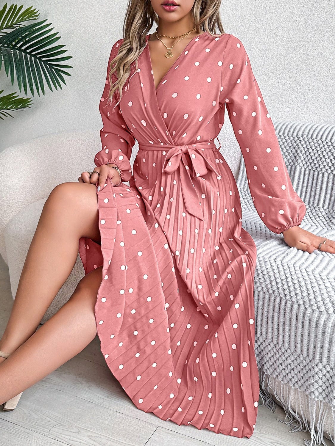 Trendsi Tied Polka Dot Long Sleeve Midi Dress Tied Polka Dot Long Sleeve Midi Dress