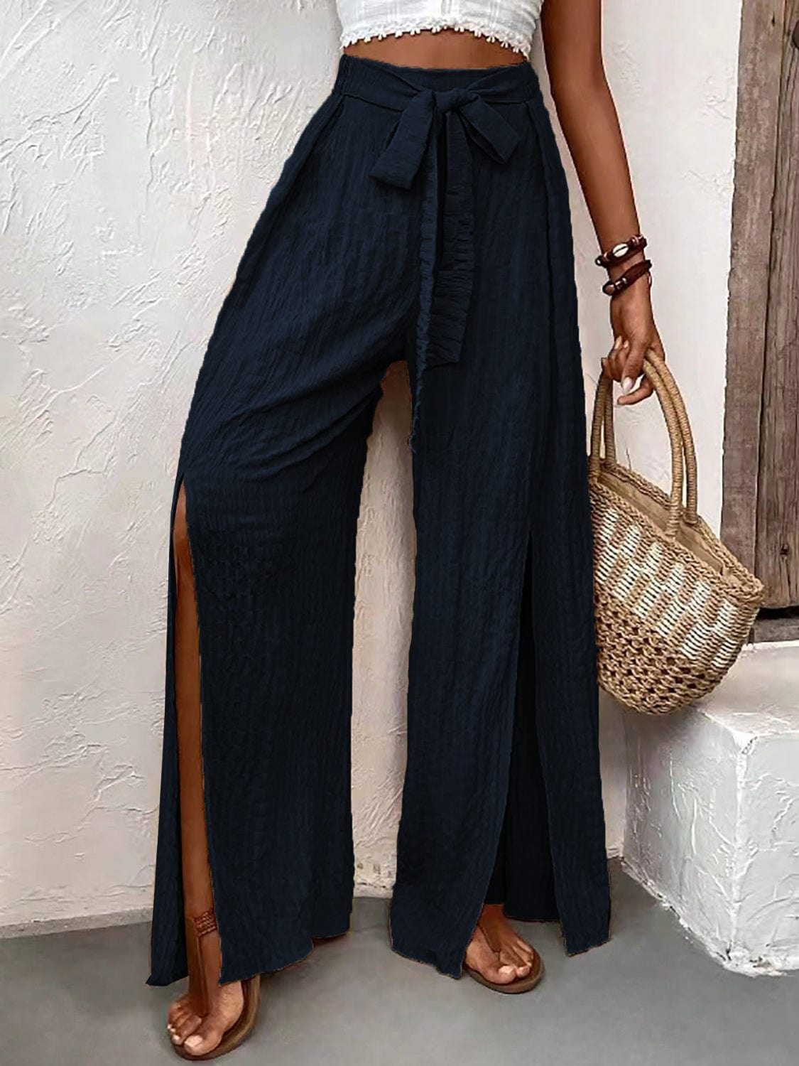 Trendsi Tied Slit Wide Leg Pants Tied Slit Wide Leg Pants