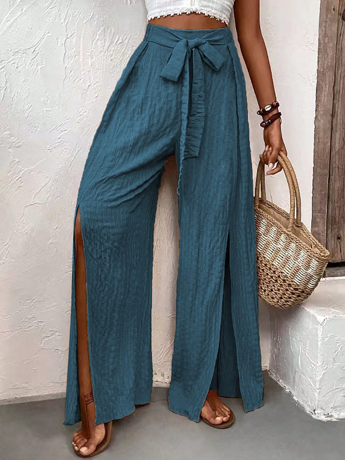 Trendsi Tied Slit Wide Leg Pants Tied Slit Wide Leg Pants